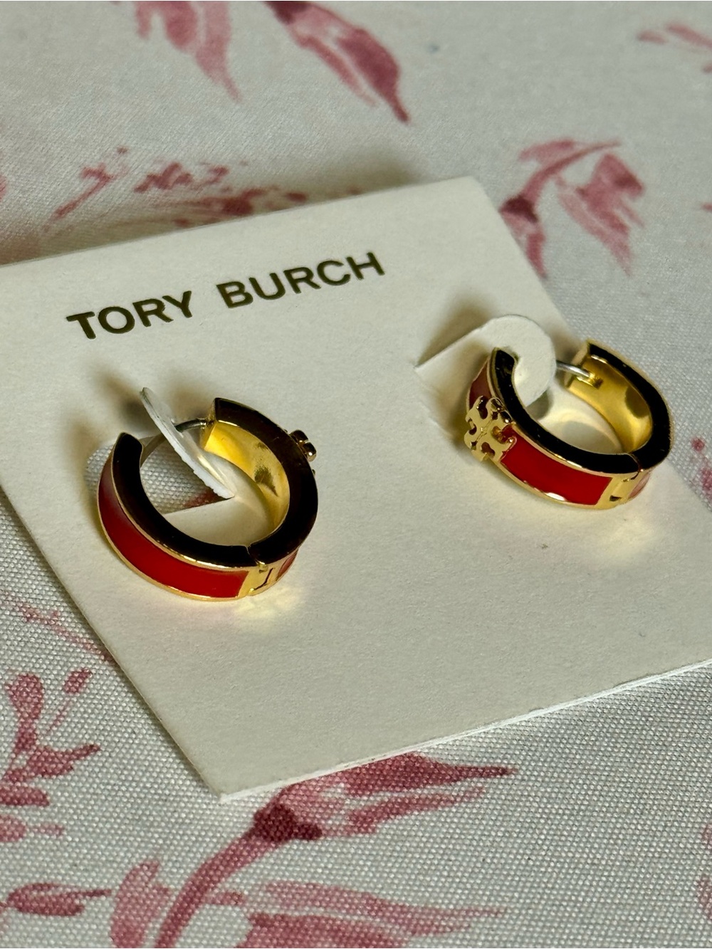 Tory Burch Red Enamel & Gold Small Hoop Earrings